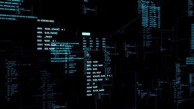 Futuristic interface with running code in a virtual space. Abstract background of an application development. Seamless loop.