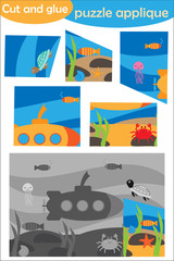 Underwater in cartoon style, education puzzle game for development of preschool children, use scissors and glue to create the applique, cut parts of the image and glue on paper, vector illustration