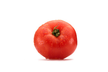 close up view of fresh wet tomato isolated on white