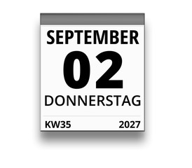 Kalender für Donnerstag, 2. SEPTEMBER 2027 (Woche 35)