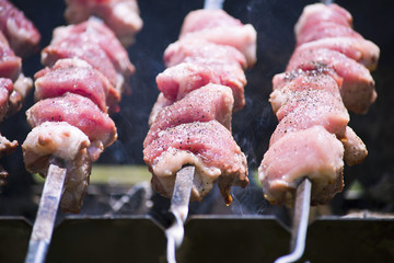 raw pork meat barbecue on skewers cook in summer