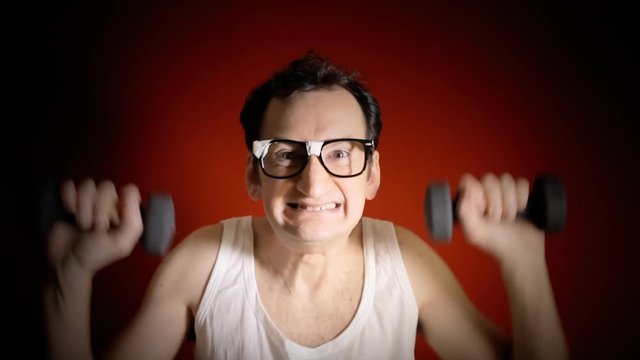 A funny ugly nerd man, lifting two tiny weights with his arms, but slowly collapsing under the effort. Heavy vignette and hard shadows.
