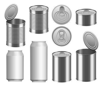 Tin can food package jar mockup set. Realistic illustration of 9 tin can food package jar mockups for web