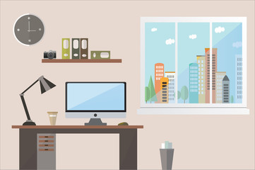 Flat design vector illustration of an office work space brown shades overlooking the city