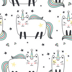 Seamless pattern with cute caticorns. Vector illustration