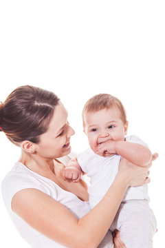 Mother holding her child on a white background
