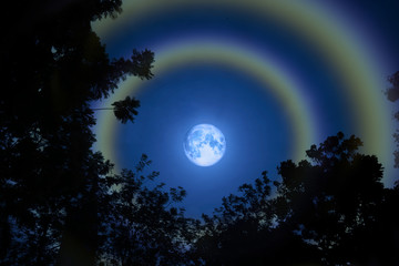 Naklejka premium moon halo double rainbow silhouette grass colorful sky