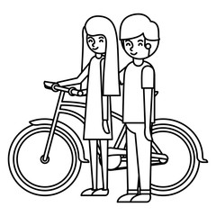 young couple with bicycle avatars characters vector illustration design