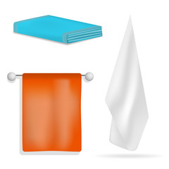 Towel hanging spa bath mockup set. Realistic illustration of 4 towel hanging spa bath mockups for web