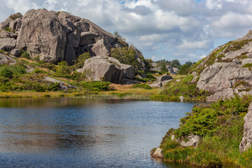 Lake with water lilies in Egersund, Jaeren national scenic route in western Norway