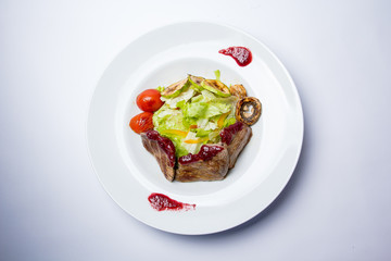 Salad with roast beef. View from above