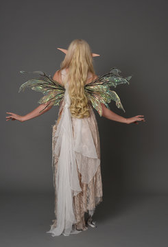 full length portrait blonde girl waring fairy costume, standing pose with back to the camera. grey studio background.