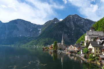 Scenic postcard view of the famous Hallstatt in the Austrian Alps in the summer morning, Salzkammergut district, Austria.