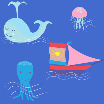 Doodle set of marine objects, whale, octopus, sailboat and jellyfish, for children's posters, ads, cards vector illustration