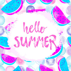 HELLO SUMMER greeting card on Watermelon pattern isolated on watercolor dotted background.
