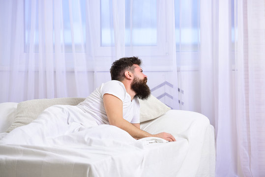 Man in shirt laying on bed awake, white curtain on background. Hangover concept. Guy on disappointed painful face waking up in morning. Macho with beard and mustache overslept waking up call.