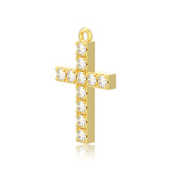 3D illustration isolated yellow gold decorative diamond cross pendant with reflection on a white background