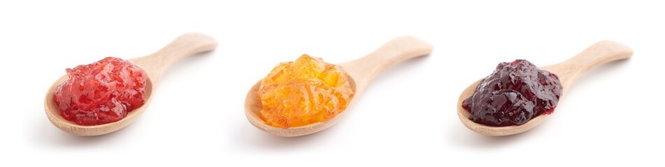Strawberry, orange and blueberries jam with wooden spoon on a white background - obrazy, fototapety, plakaty