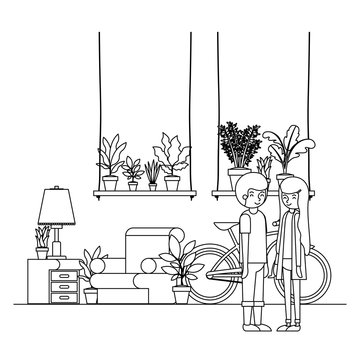 couple in the livingroom with houseplants and bicycle vector illustration