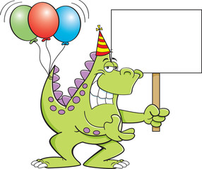 Cartoon illustration of a dinosaur with balloons on it's tail and holding a sign.