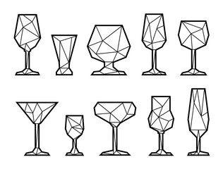 Set polygonal icon wine, champagne, martini glass. Black and white. JPG with isolated path
