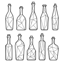 Set of polygonal bottle, champagne, beer, water and wine