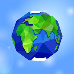 Blue and green icon of globe, earth, planet or world on sky. Geometric style