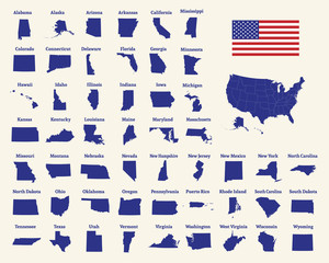 Outline map of the United States of America. 50 States of the USA. US map with state borders. Silhouette of the USA and flag. Vector