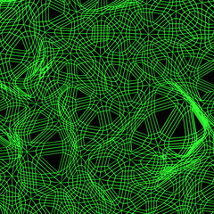 Abstract spider web wavy grid isolated green light line wire frame on black color background illustration.