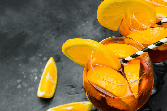 Classic Aperol Spritz Cocktail In Glass On Dark. View From Above And Close Up.