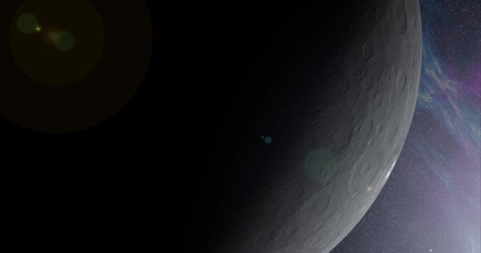 Coming around to the lit side of Ceres, in medium orbit. Lens fx, nebulae. Reversible, can be rotated 180 degrees. Elements of this image furnished by NASA.