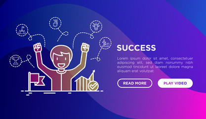 Success concept: smiling man with hands raised has achieved career growth. Thin line icons: trophy, mountain peak, ladder, winner. Vector illustration, web page template on gradient background.