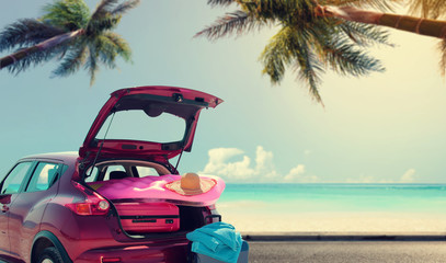 Summer car and background of palms and sea. 