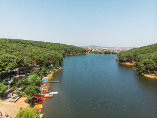 Aerial Drone View of Aydos Forest Lake with Summer Pedalo Boats in Istanbul