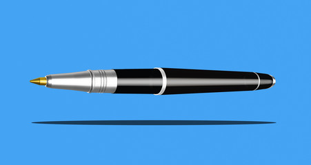 3d art high end floating ball point pen silver, gold, black with shadow on blue background