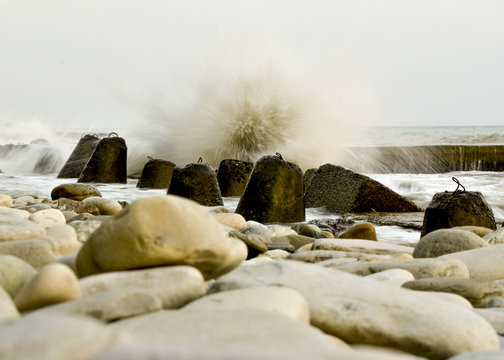 Fototapeta Storm on the beach with a long exposure