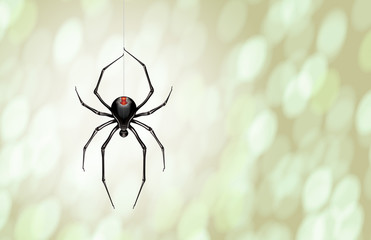 robot black widow spider hanging from a single web line
