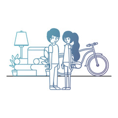 couple in the livingroom with houseplants and bicycle vector illustration