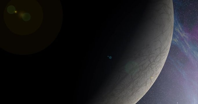 Coming around to the lit side of Europa, in medium orbit. Lens fx, nebulae. Reversible, can be rotated 180 degrees. Elements of this image furnished by NASA.