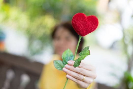 The girl and the red heart in the romantic garden at dawn.