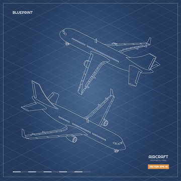 Civil isometric aircraft in outline style. Industrial blueprint of airplane. Front and back view. Plane contour icon for print or infographic