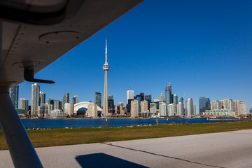 View from a light plane taking off from The Toronto Island Airport.