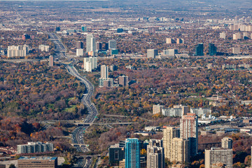 An aerial view of the Don Valley Parkway looking north toward Lawrence ave and Highway 401.