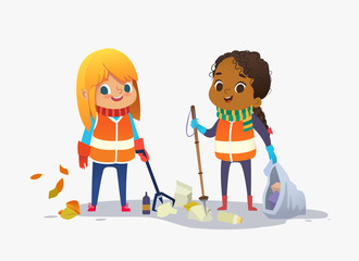 Two girls wearing unoform collect rubbish for recycling at park. Kids gathering plastic bottles and garbage for recycling. Boy throws litter into bin. Early childhood education.Vector. Isolated