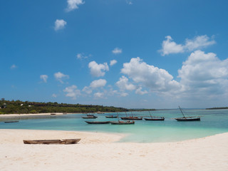 Obraz premium Fisherman fishing and sails on a wooden boat on clear blue water along a tropical exotic beach in Africa. Indian Ocean, Zanzibar
