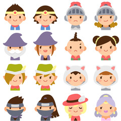 ゲームキャラクター　ファンタジー　RPG　伝説の勇者様御一行　顔　かわいい　フラット　アイコン　セット	