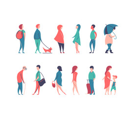 Vector set of stylized people figures, flat line and color men and women in different poses.