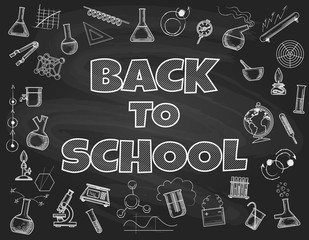 Chalk board back to school background. Schools blackboard doodles drawings banner, education or learning start vector concept