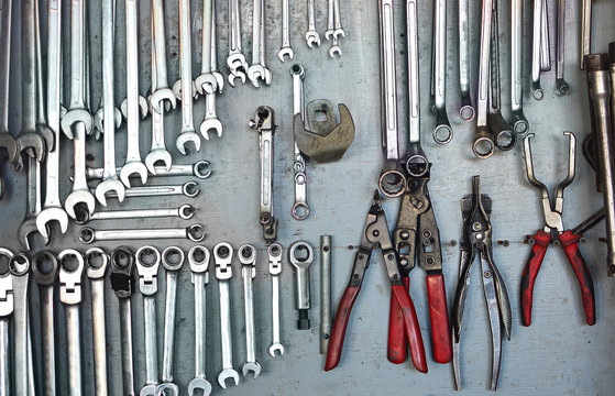 Set of auto tools on a wall