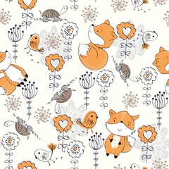 Vector hand drawn seamless pattern. Cute cartoon fox with flowers.